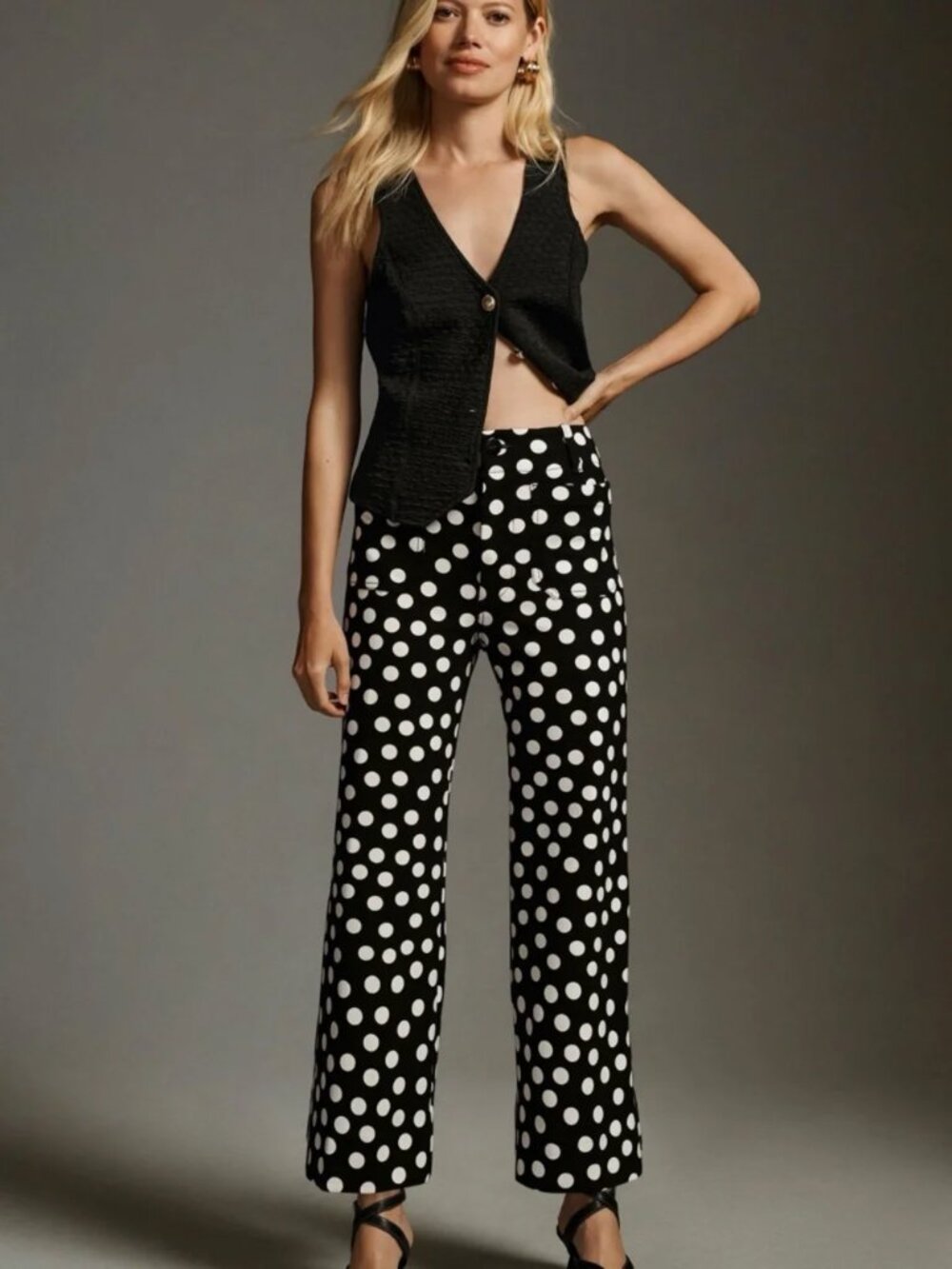 Anthropologie Maeve Colette Cropped Black & White Polka Dot Wide Leg Pants 30P